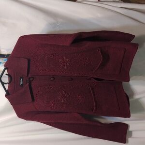 Victoria Red Button-Up Cardigan with Floral Embroidery Size XL